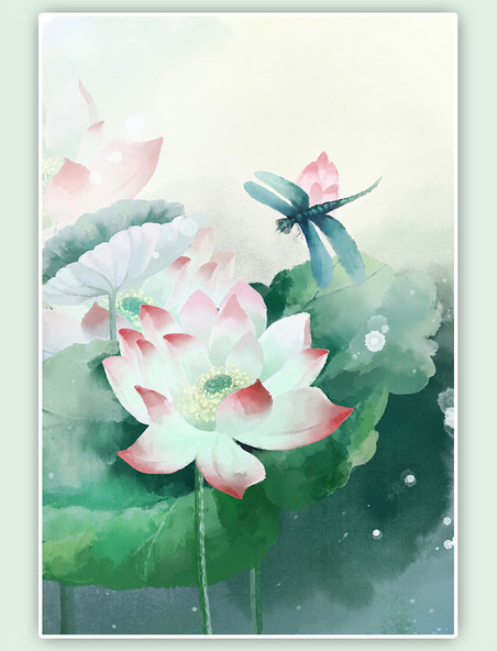 绿色中国风二十四节气水彩荷花蜻蜓手绘插画