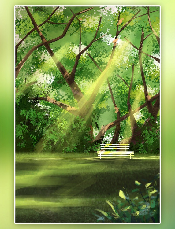 夏天治愈风景大树森林阳光天空云彩春天草地手绘插画背景