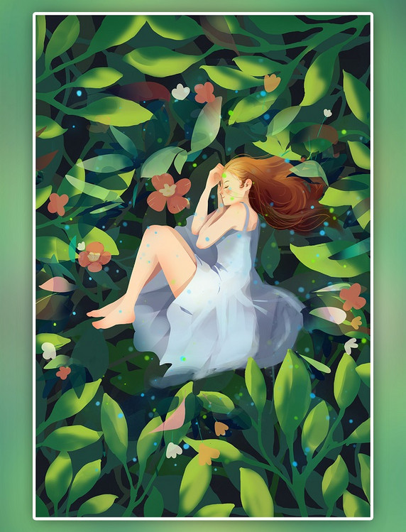治愈唯美夏至春天少女树叶夏天手绘花丛清新插画海报背景