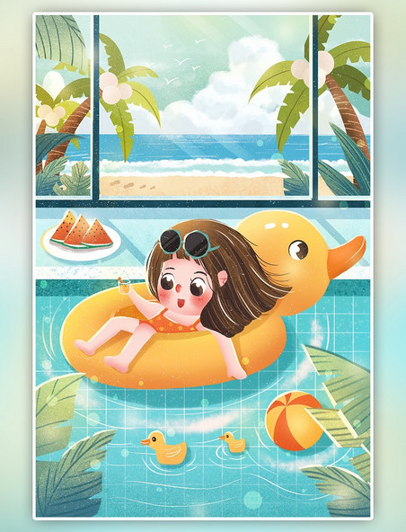小清新扁平夏天海边泳池女孩手绘清新椰子树夏季插画海报背景
