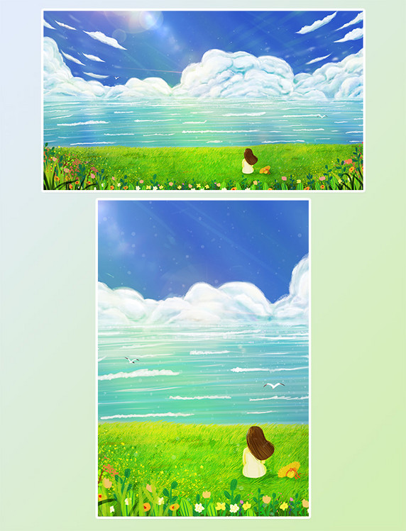 绿色立夏节气夏天大海海鸥天空风景云草地插画背景