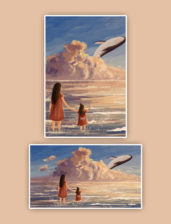 母亲节夕阳母女背影温馨治愈风景海鲸鱼天空插画