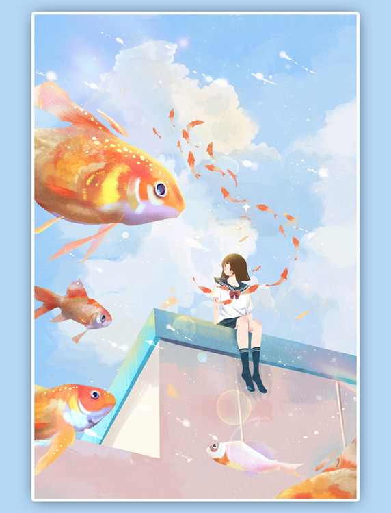 夏天日系唯美治愈天空金鱼水手服少女插画