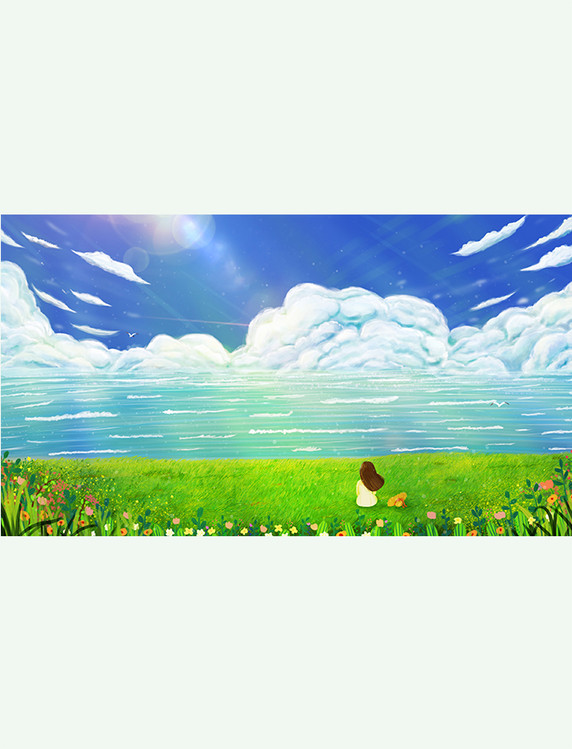 二十四节气立夏夏天大海海鸥天空风景云草地插画背景