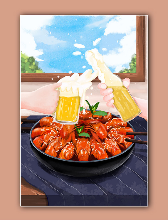 夏季夏天清新美食餐饮小龙虾配啤酒插画