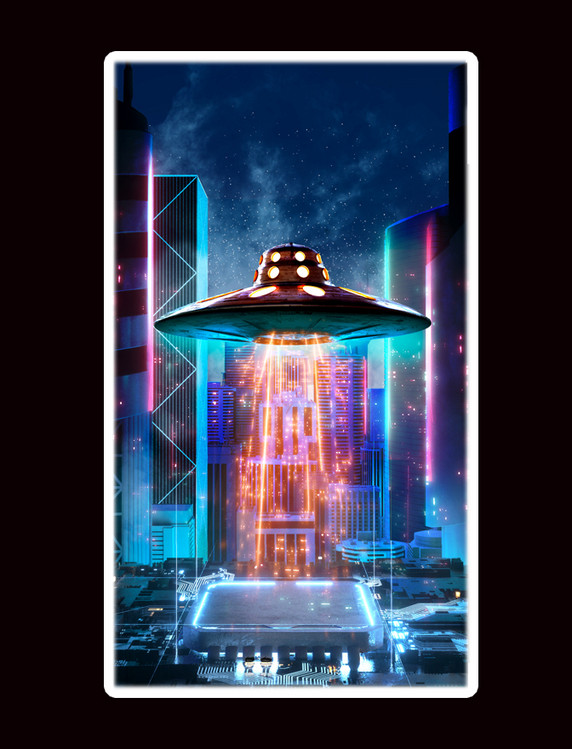 蓝紫色赛博朋克宇宙飞船外星飞船科技城市科幻展台电商促销