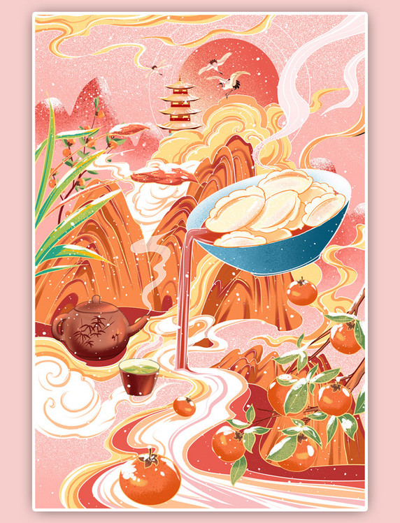 冬至节气秋山雪景山水冬至美食创意雪景