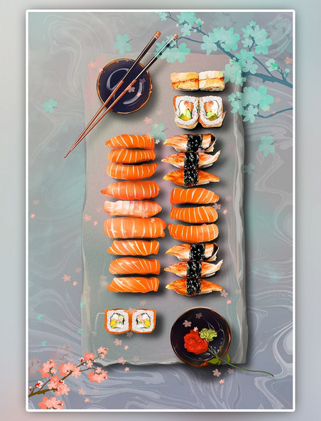 垂涎欲滴的日本寿司手绘美食插画海报背景