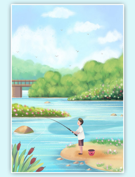 夏天河边钓鱼风景树林草地插画背景