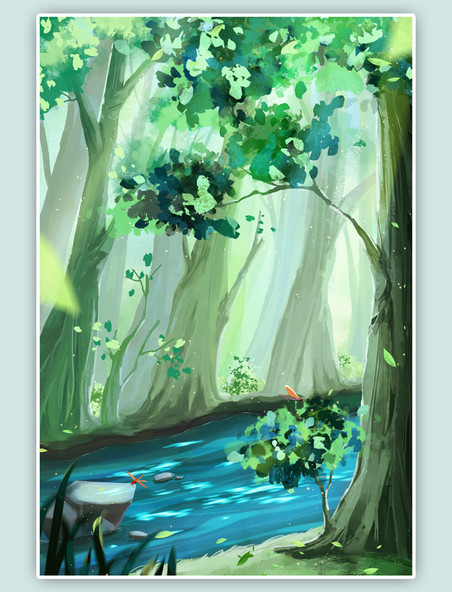 厚涂夏天夏季绿色树林森林树草地溪流河插画