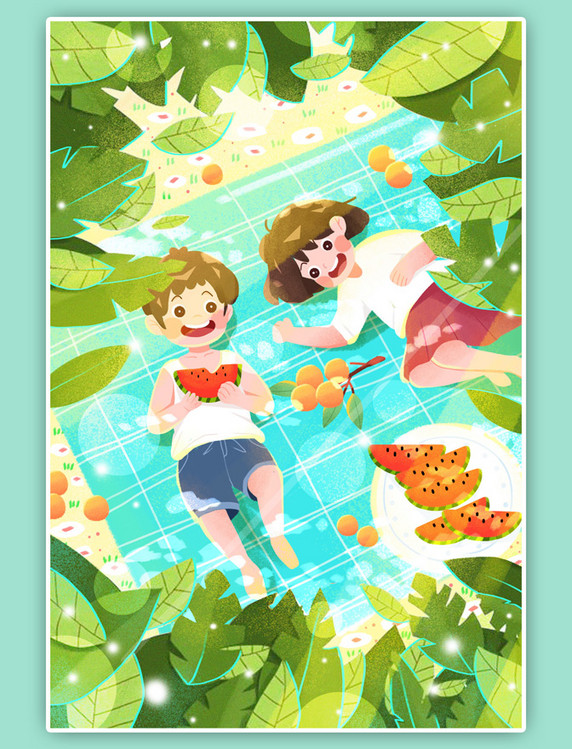暖暖的夏天吃西瓜插画