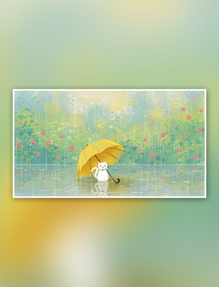雨水节气之雨伞与猫治愈系场景插画