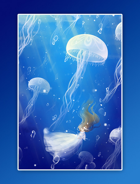 深蓝色唯美卡通治愈夏季海洋深海水母配图