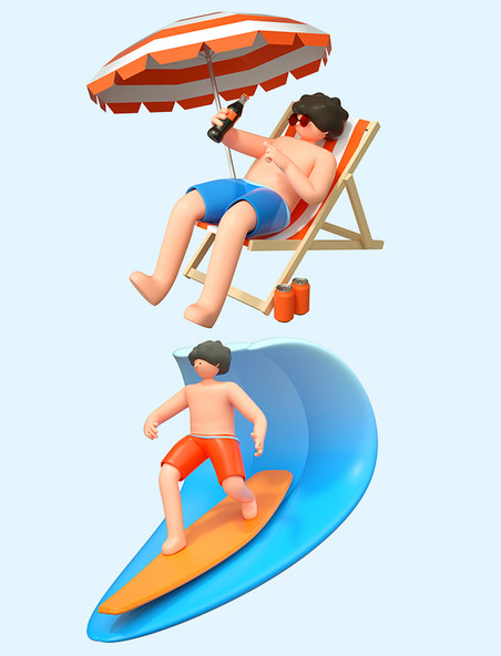 C4D夏天夏季3D立体人物冲浪