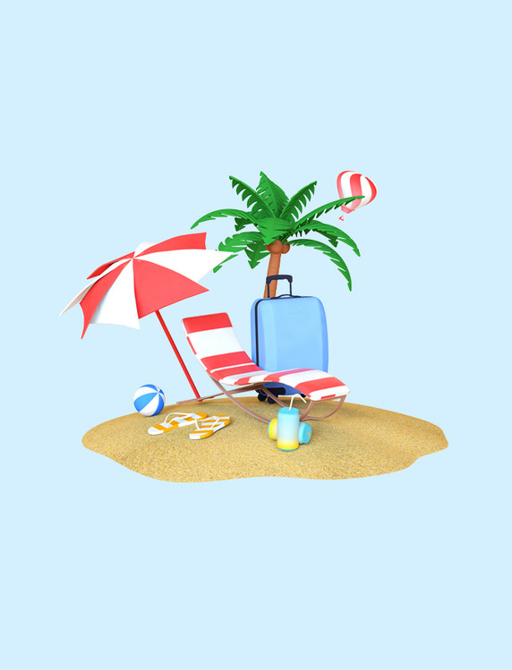 夏天C4D立体海边沙滩海滩卡通元素