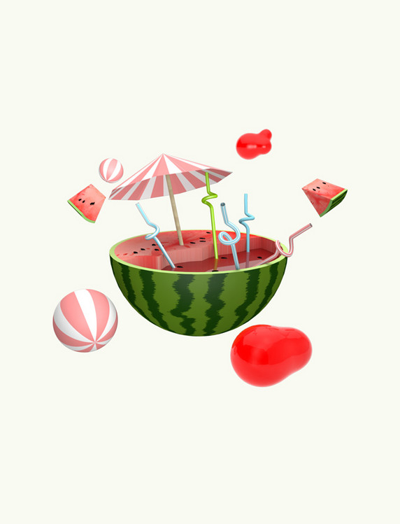 3D漂浮的西瓜夏天水果