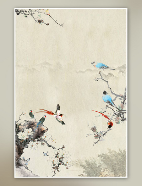 古典复古中国风远山近鸟背景海报