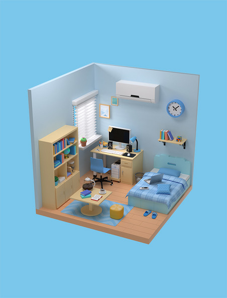 3D立体蓝色带电脑桌书柜空调卧室场景