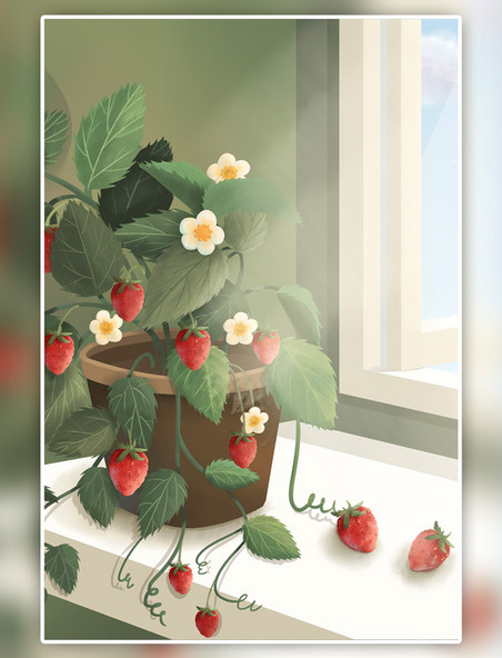 夏天小清新草莓盆栽植物花朵大暑唯美