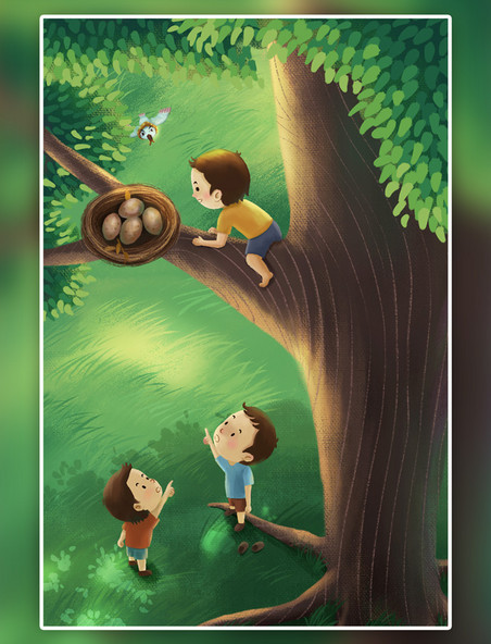 童年夏季小孩爬树鸟窝