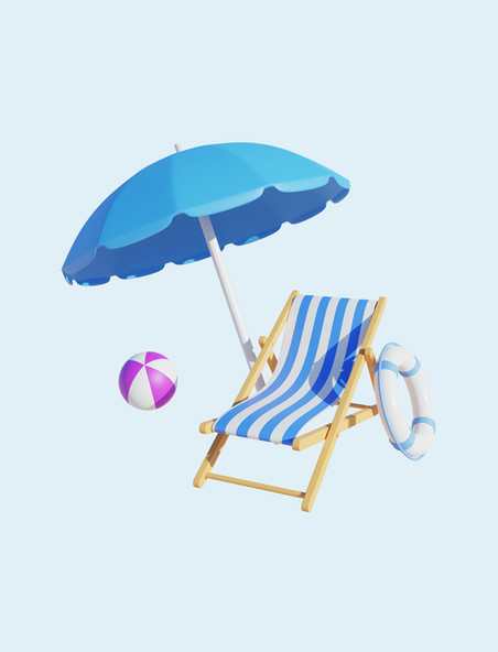 3D立体夏日沙滩遮阳伞躺椅装饰