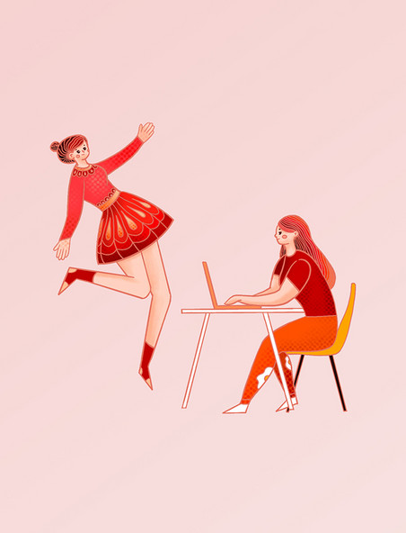 红色美女跳舞和工作办公女性人物元素