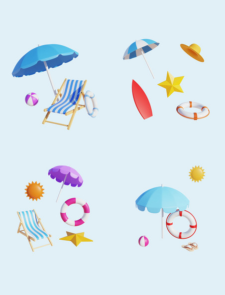 3D立体夏日沙滩遮阳伞躺椅