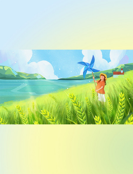 二十四节气夏天麦田放风筝的小女孩风景插画