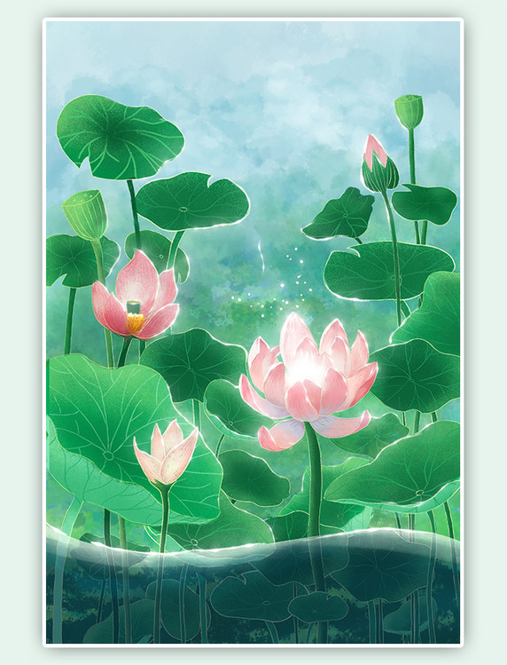 二十四节气大暑夏季荷塘小清新小暑风景插画