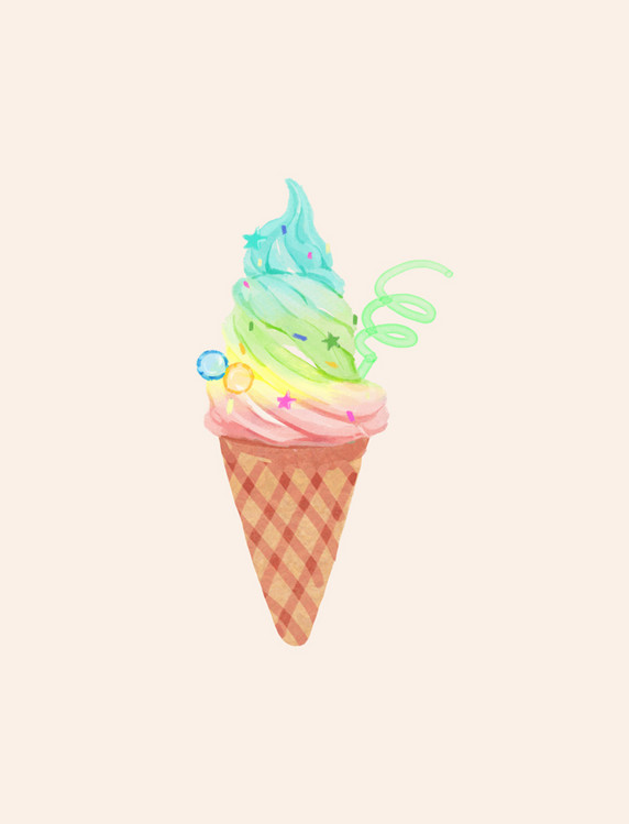手绘水彩夏天卡通甜筒彩虹冰淇淋手账贴纸