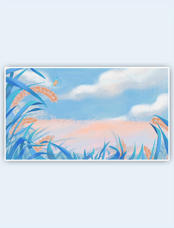 蓝色肌理麦穗天空风景插画