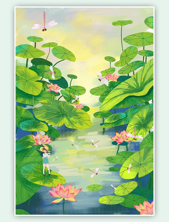 绿色二十四节气立夏夏季荷花池风景插画