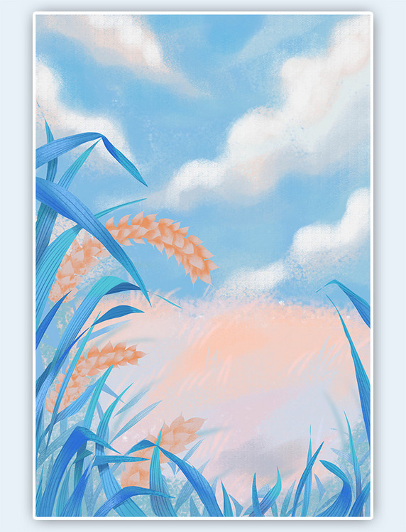 蓝色肌理麦穗天空风景插画