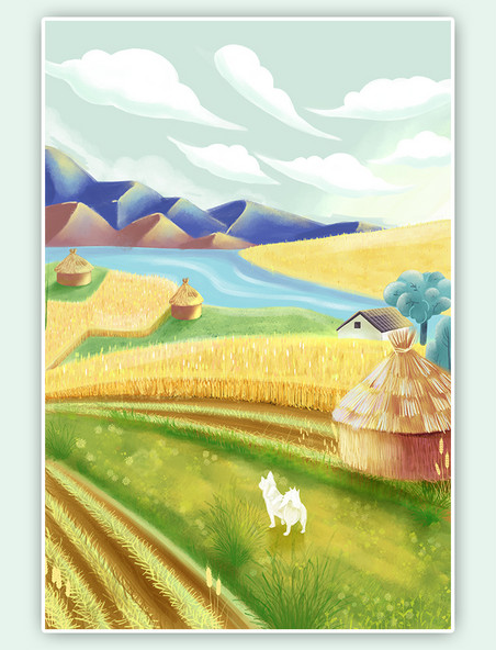 二十四节气芒种收麦子的场景手绘插画
