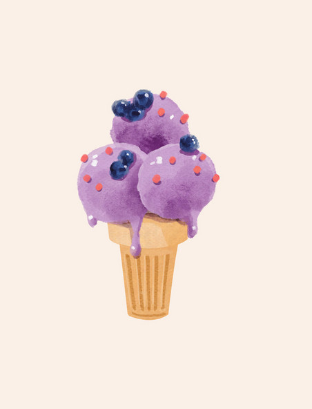 手绘水彩夏天卡通甜筒蓝莓冰淇淋手账贴纸