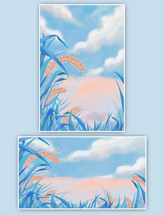 蓝色肌理麦穗天空风景插画