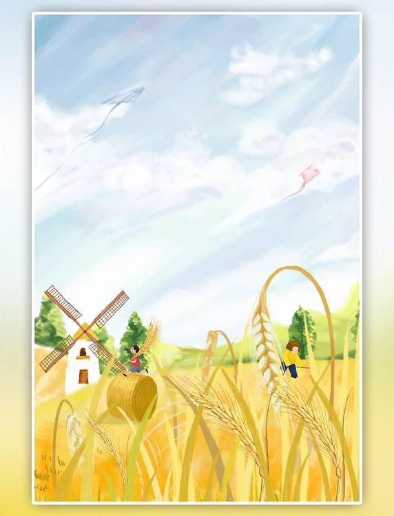 手绘插画夏季风景稻田磨坊风车天空海报背景