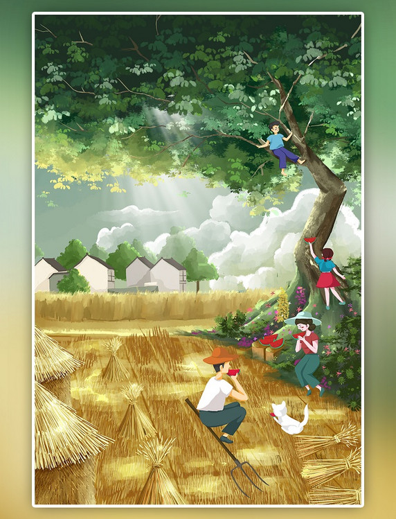 夏日夏季农田大树童年收麦子场景手绘插画