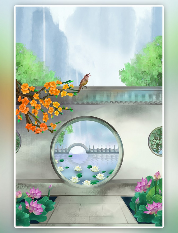 中国风圆形拱门园林山水庭院荷花夏季风景手绘插画