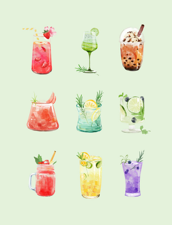 手绘水彩卡通夏天冰爽饮料手账元素