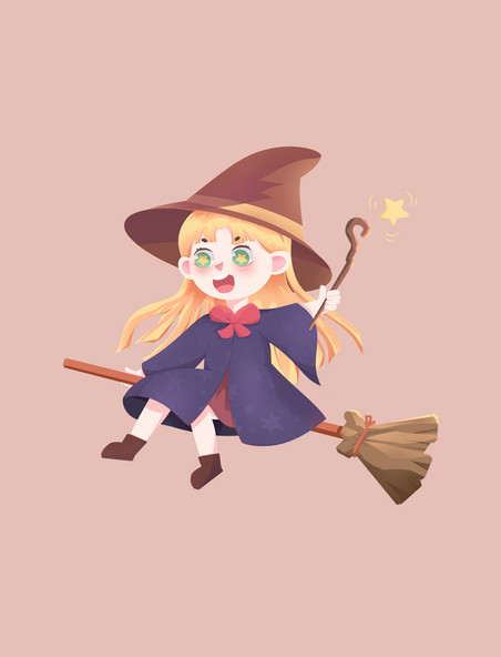 魔法师巫师魔法女巫骑着魔法扫帚的女孩