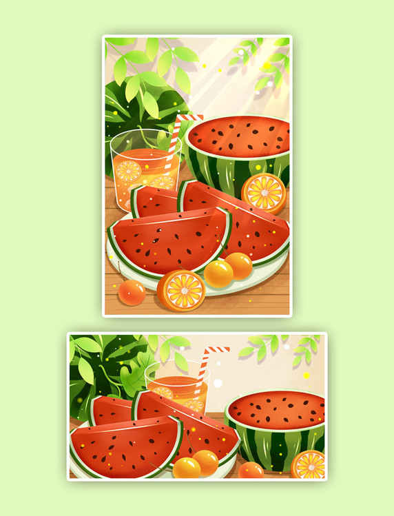 夏天西瓜冷饮柠檬汁大暑插画