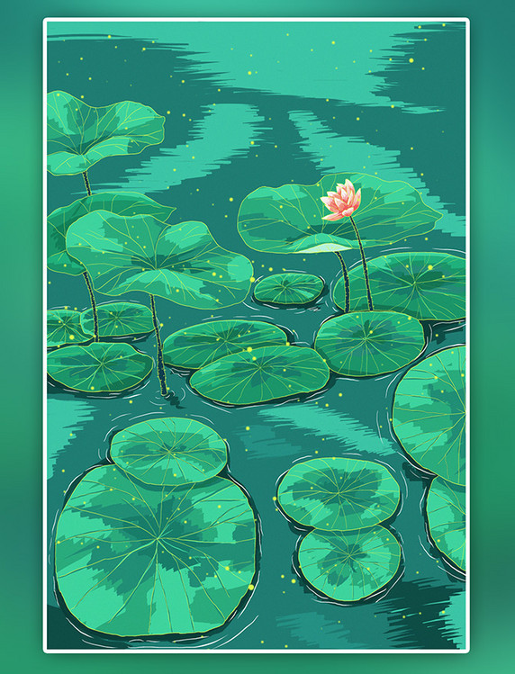 夏天荷塘唯美荷花大暑小暑节气插画