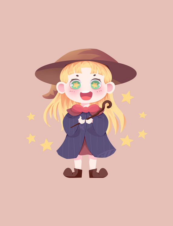 拿着魔法棒的魔法师巫师魔法少女插画