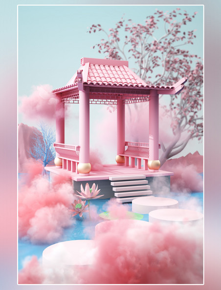 粉色梦幻3D立体中国风建筑烟雾国潮亭子背景