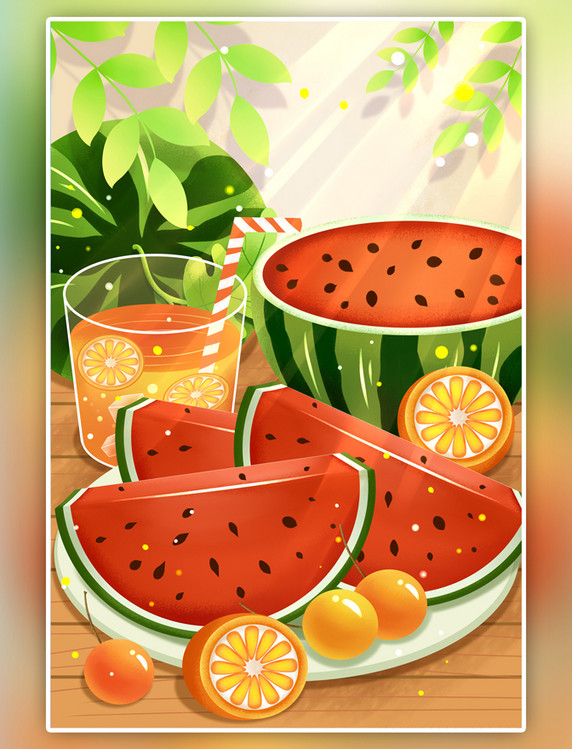夏天西瓜冷饮柠檬汁大暑插画竖图