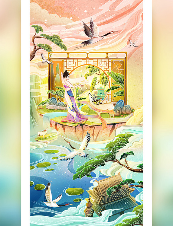 中国博物馆日历史国潮风中国风屏风女子敦煌美女山水文化