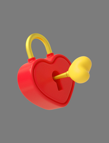 3D红色C4D立体卡通爱心锁520情人节心锁