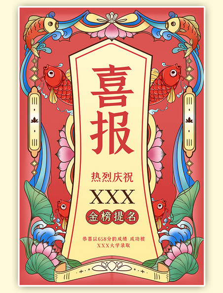 红色复古高考喜报国潮中国风教育录取庆祝海报