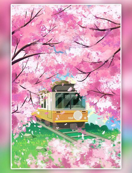 唯美春天赏樱花小火车樱花节插画海报花朵花